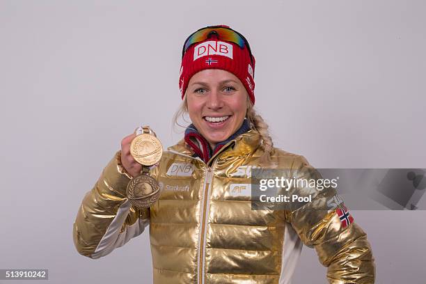 Tiril Eckhoff of Norway celebrates winning the gold medal in the women's 7.5km sprint during day three of the IBU Biathlon World Championships at...