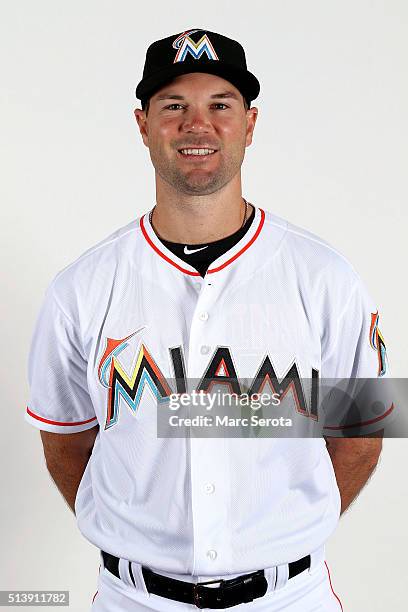 Cole Gillespie of the Miami Marlins poses for photos on media day at Roger Dean Stadium on February 24, 2016 in Jupiter, Florida.