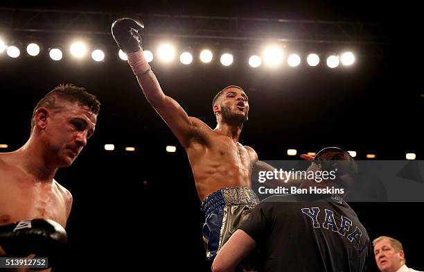 Gamal Yafai of Great Britain celebrates after defeating Bobby Jenkinson of Great Britain in their Commonwealth Super-Bantamweight Championship...