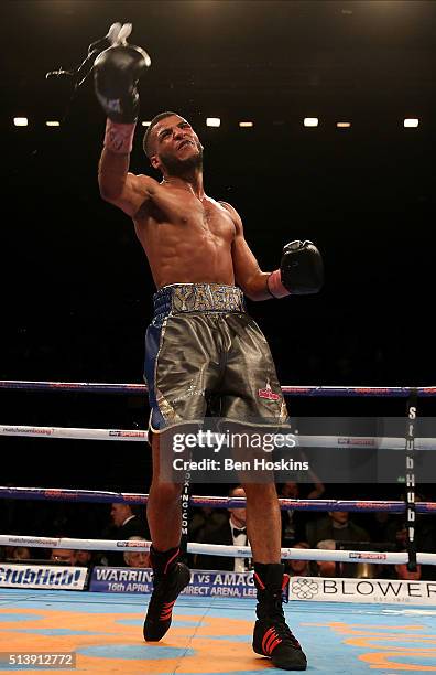 Gamal Yafai of Great Britain celebrates after defeating Bobby Jenkinson of Great Britain in their Commonwealth Super-Bantamweight Championship...