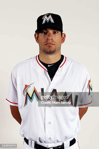 Brad Hand of the Miami Marlins poses for photos on media day at Roger Dean Stadium on February 24, 2016 in Jupiter, Florida.