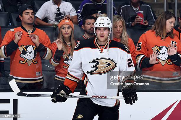 Fans watch as Mike Santorelli of the Anaheim Ducks skates in warm-ups prior to the game against the Los Angeles Kings on March 5, 2016 at Staples...