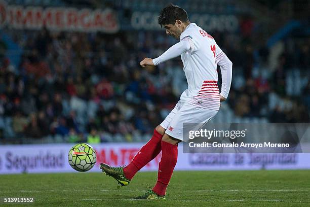 Ever Banega of Sevilla FC scores their opening goal during the La Liga match between Getafe CF and Sevilla CF at Coliseum Alfonso Perez on March 5,...