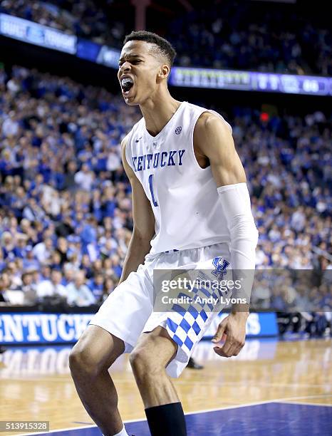 Skal Labissiere of the Kentucky Wildcats celebrates in the game against the LSU Tigers at Rupp Arena on March 5, 2016 in Lexington, Kentucky.