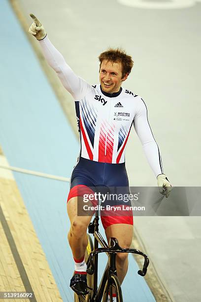 Jason Kenny of Great Britain celebrates winning the Men's Sprint on day four of the UCI Track Cycling World Championships at Lee Valley Velopark...