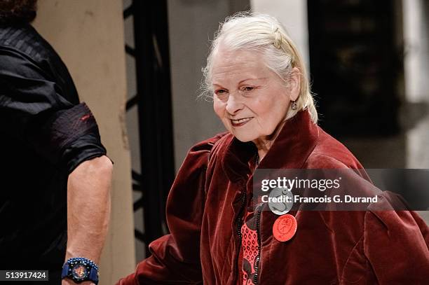 Fashion designer Vivienne Westwood acknowledges applause following the Vivienne Westwood show as part of the Paris Fashion Week Womenswear...