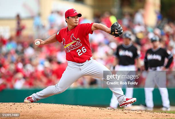 Seung Hwan Oh of the St. Louis Cardinals pitches during the spring training game against the Miami Marlins on March 5, 2016 in Jupiter, Florida.