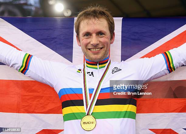 Jason Kenny of Great Britain celebrates winning the Men's Sprint on day four of the UCI Track Cycling World Championships at Lee Valley Velopark...