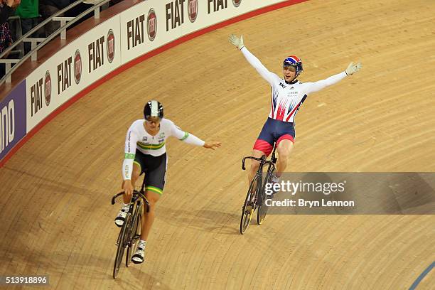 Jason Kenny of Great Britain celebrates winning the Men's Sprint on day four of the UCI Track Cycling World Championships at Lee Valley Velopark...