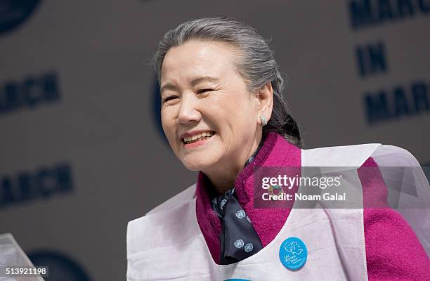 Women For Peace Association patron Ban Soon-taek speaks at March to End Violence Against Women hosted by UN Women For Peace Association on March 5,...