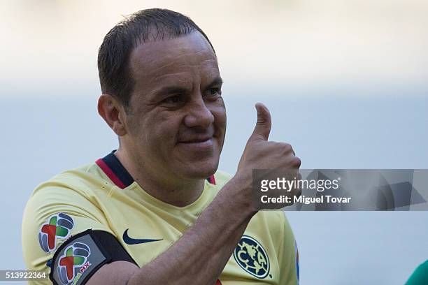 Cuauhtemoc Blanco of America greets fans prior the 9th round match between America and Morelia as part of the Clausura 2016 Liga MX at Azteca Stadium...