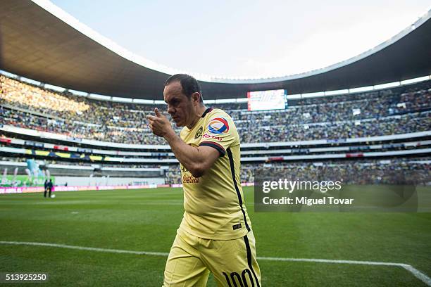 Cuauhtemoc Blanco of America leaves the field during the 9th round match between America and Morelia as part of the Clausura 2016 Liga MX at Azteca...
