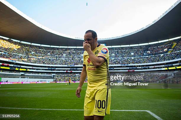 Cuauhtemoc Blanco of America leaves the field during the 9th round match between America and Morelia as part of the Clausura 2016 Liga MX at Azteca...