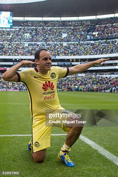 Cuauhtemoc Blanco of America poses for pictures during the 9th round match between America and Morelia as part of the Clausura 2016 Liga MX at Azteca...