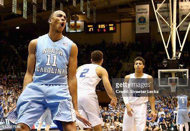 Brice Johnson of the North Carolina Tar Heels reacts after a basket against the Duke Blue Devils during their game at Cameron Indoor Stadium on March...
