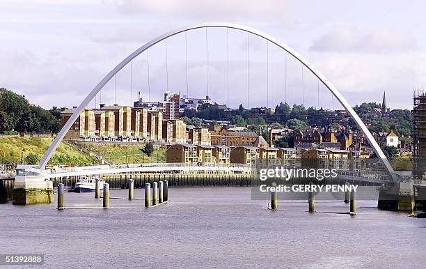 The Millennium Bridge, the rotating bridge, nears completion 05 September 2001, across the river Tyne in Newcastle. The Gateshead Millennium bridge...