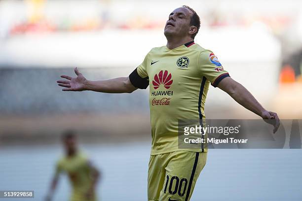 Cuauhtemoc Blanco of America gestures during the 9th round match between America and Morelia as part of the Clausura 2016 Liga MX at Azteca Stadium...