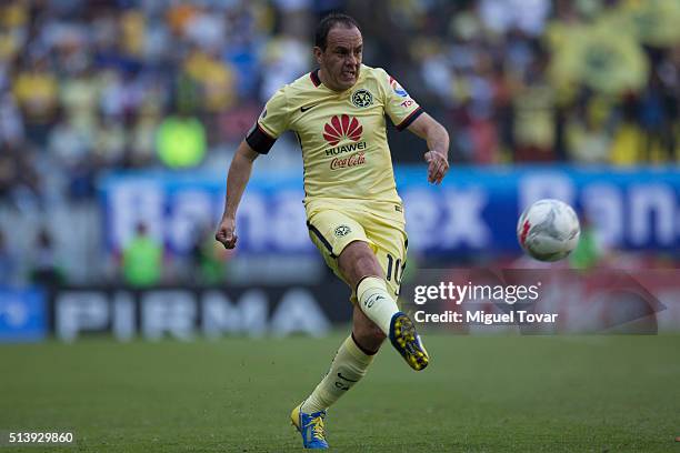 Cuauhtemoc Blanco of America kicks the ball during the 9th round match between America and Morelia as part of the Clausura 2016 Liga MX at Azteca...