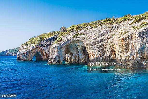 blue caves on zakynthos island, greece - greece landscape stock pictures, royalty-free photos & images