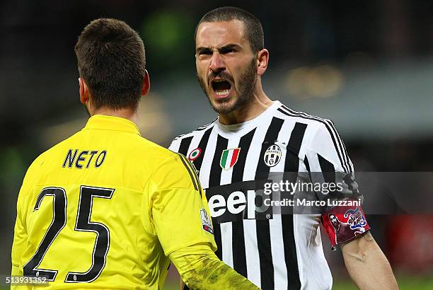 Leonardo Bonucci of Juventus FC celebrates with his team-mate Norberto Murara Neto the decisive penalty during the TIM Cup match between FC...