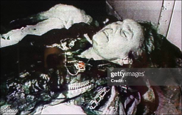 Romanian TV footage broadcast released 27 March 1989 in Bucharest of the body of Elena, the wife of the ousted Romanian communist party's general...