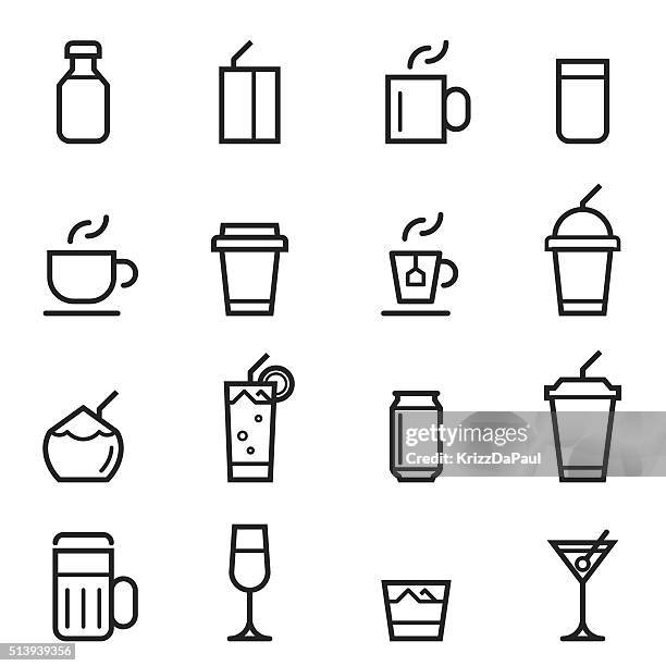 drinks thin line icons - orange juice bottle stock illustrations