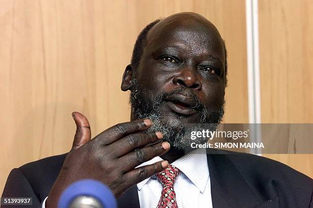 John Garang, leader of the rebel Sudan People's Liberation Movement gives a press conference 02 June 2001 after the just concluded Intergovernmental...