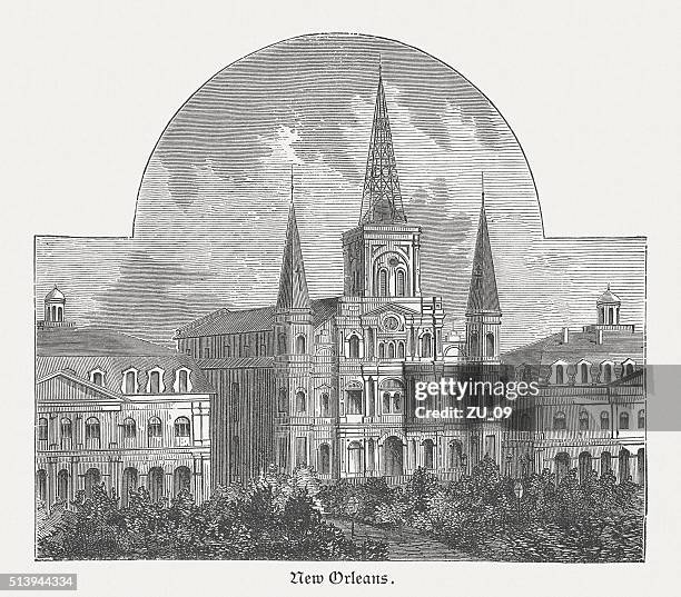st. louis cathedral in new orleans, wood engraving, published in 1880 - st louis cathedral new orleans 幅插畫檔、美工圖案、卡通及圖標