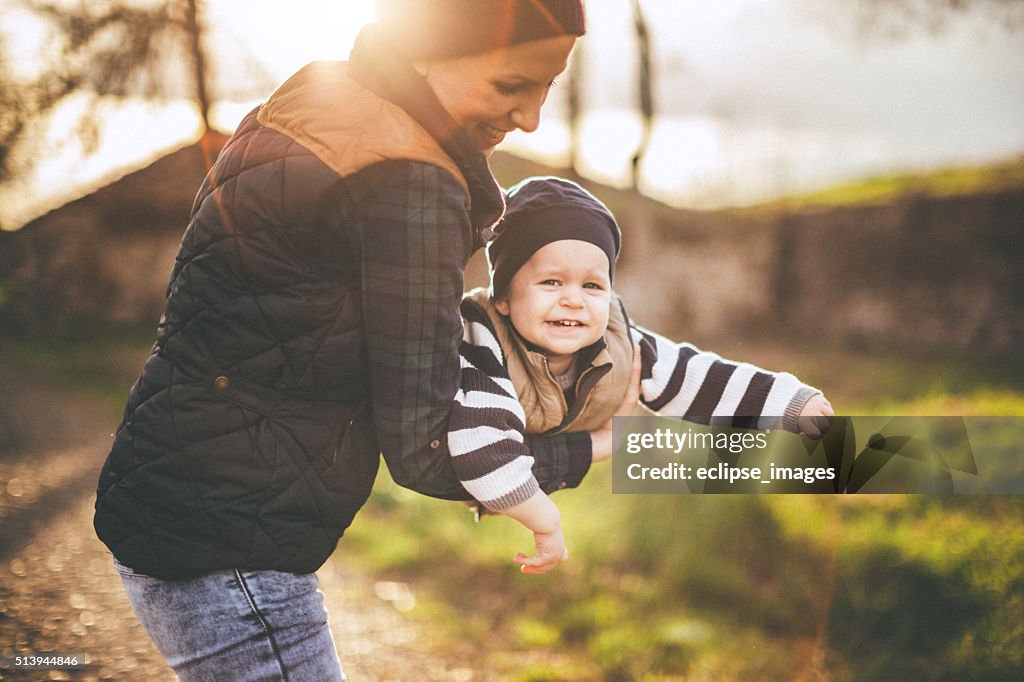 Playful mother and son