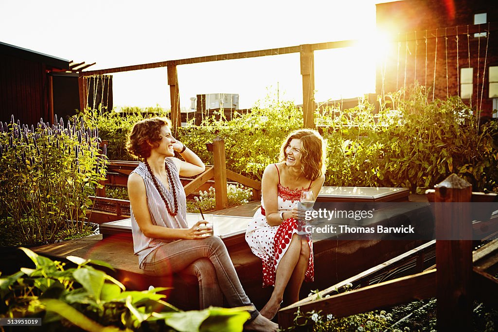Laughing friends having drinks in garden at sunset