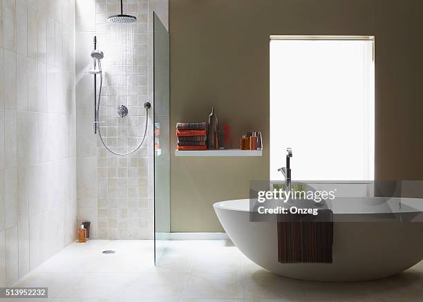 interior of bathroom in cool green with a running shower - inredning grå bildbanksfoton och bilder