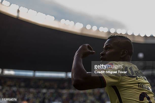 Carlos Quintero of America celebrates after scoring the third goal of his team during the 9th round match between America and Morelia as part of the...