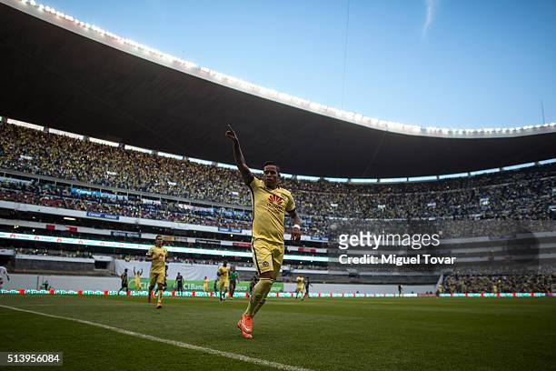 Michael Arroyo of America celebrates after scoring the fourth goal of his team during the 9th round match between America and Morelia as part of the...