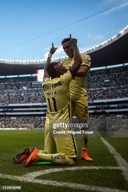 Michael Arroyo of America celebrates after scoring the fourth goal of his team during the 9th round match between America and Morelia as part of the...