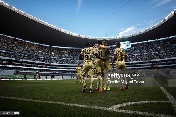 Michael Arroyo of America celebrates after scoring the fourth goal of his team during the 9th round match between America and Morelia as part of the...