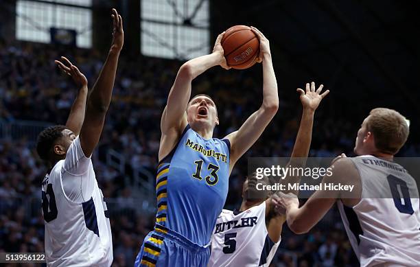 Henry Ellenson of the Marquette Golden Eagles shoots the ball against the Butler Bulldogs at Hinkle Fieldhouse on March 5, 2016 in Indianapolis,...
