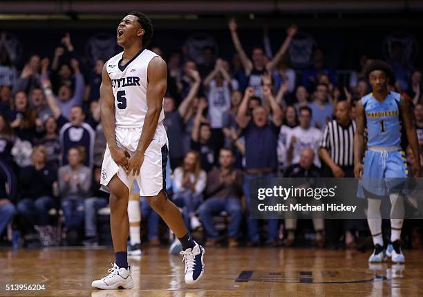 Jordan Gathers of the Butler Bulldogs celebrates after a three point shot during the game against the Marquette Golden Eagles at Hinkle Fieldhouse on...