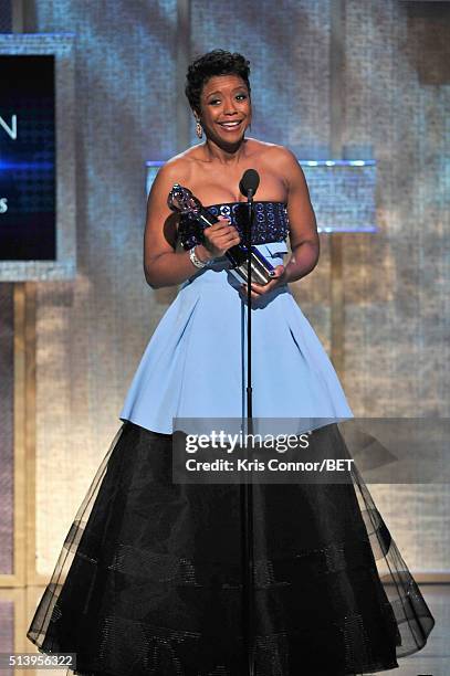 Honoree, Mellody Hobson, accepts her award on stage during the BET Honors 2016 Show at Warner Theatre on March 5, 2016 in Washington, DC.