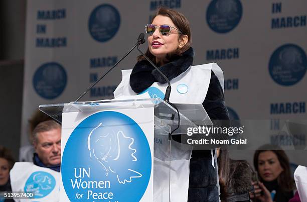 Muna Rihani Al-Nasser speaks at March to End Violence Against Women hosted by UN Women For Peace Association on March 5, 2016 in New York City.