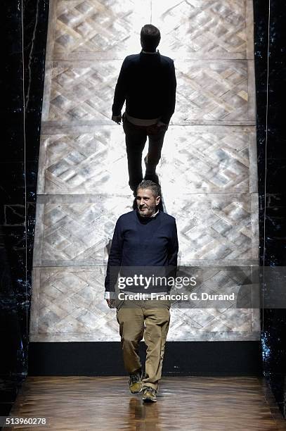 Fashion designer Pascal Millet acknowledges the audience at the end of the Pascal Millet show as part of the Paris Fashion Week Womenswear...