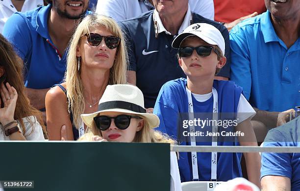 Isabelle Camus, wife of Yannick Noah and their son Joalukas Noah attend day 2 of the Davis Cup World Group first round tie between France and Canada...