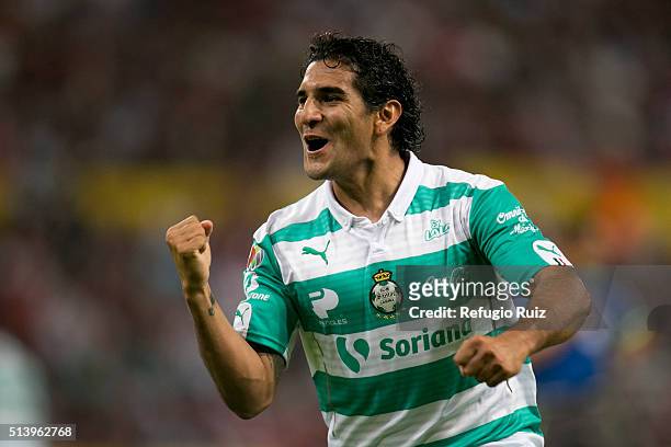 Martin Bravo of Santos celebrates after scoring the first goal of his team during the 9th round match between Atlas and Santos Laguna as part of the...
