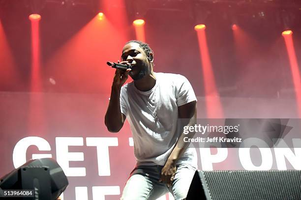 Kendrick Lamar performs on stage at the Okeechobee Music & Arts Festival, Day 3, on March 5, 2016 in Okeechobee, Florida.