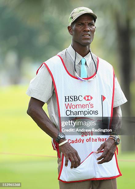 Thomas "Motion" Frank is pictured with his 2016 Caddy of the Year Bib during the final round of the HSBC Women's Champions at Sentosa Golf Club on...