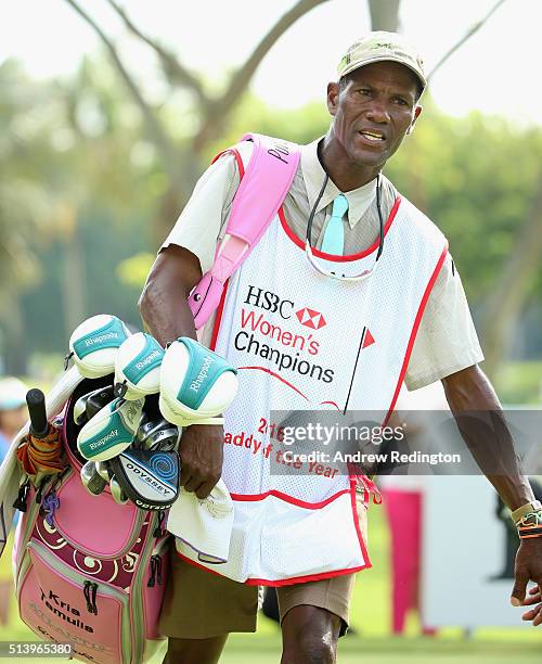 Thomas "Motion" Frank is pictured with his 2016 Caddy of the Year Bib during the final round of the HSBC Women's Champions at Sentosa Golf Club on...