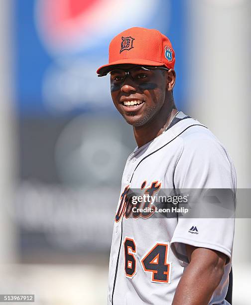 John Mayberry Jr. #64 of the Detroit Tigers looks into the dugout during the Spring Training Game against the New York Yankees on March 2, 2016...