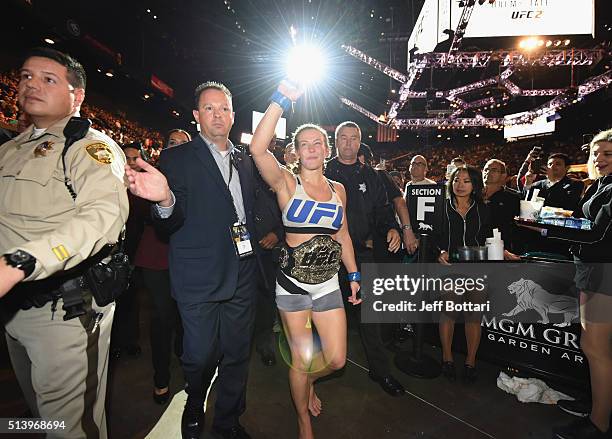 Miesha Tate exits the Octagon after defeating Holly Holm during the UFC 196 event inside MGM Grand Garden Arena on March 5, 2016 in Las Vegas, Nevada.