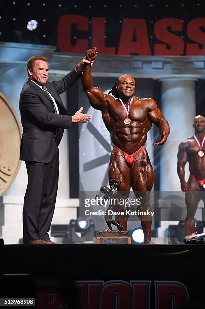 Arnold Schwarzenegger and the Arnold Classic winner Kai Greene onstage at the Arnold Sports Festival 2016 on March 5, 2016 in Columbus, Ohio.
