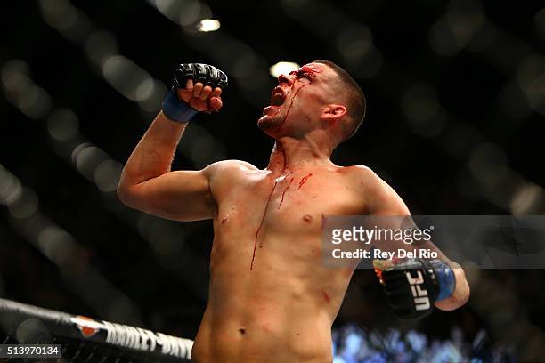 Nate Diaz celebrates after defeating Conor McGregor during UFC 196 at the MGM Grand Garden Arena on March 5, 2016 in Las Vegas, Nevada.