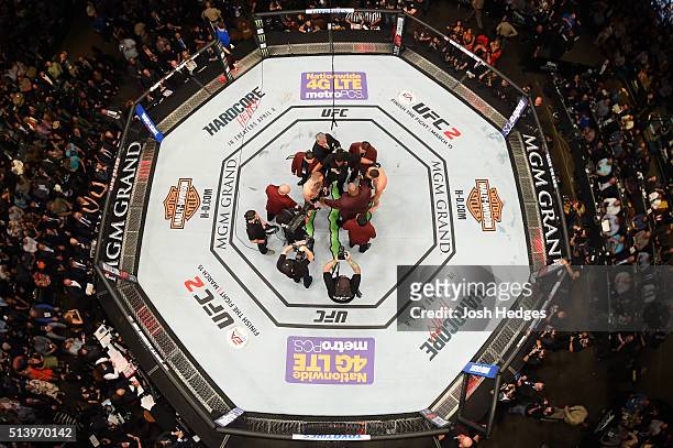An overhead view of the Octagon of Conor McGregor and Nate Diaz facing off before their welterweight bout during the UFC 196 event inside MGM Grand...
